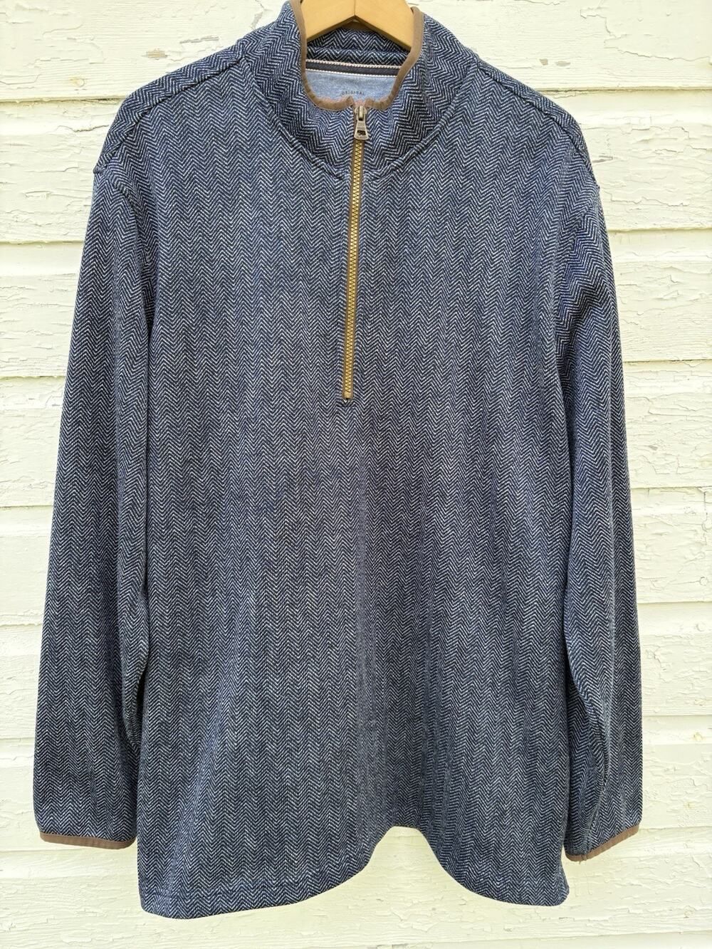 Weatherproof Vintage 1/4 Zip Feece Mens XL Navy Blue Herringbone Brown Trim Dad